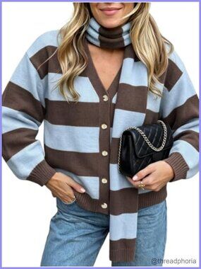 Womens Striped Long Sleeve Cardigan Sweater with Matching Scarf Knit V-Neck